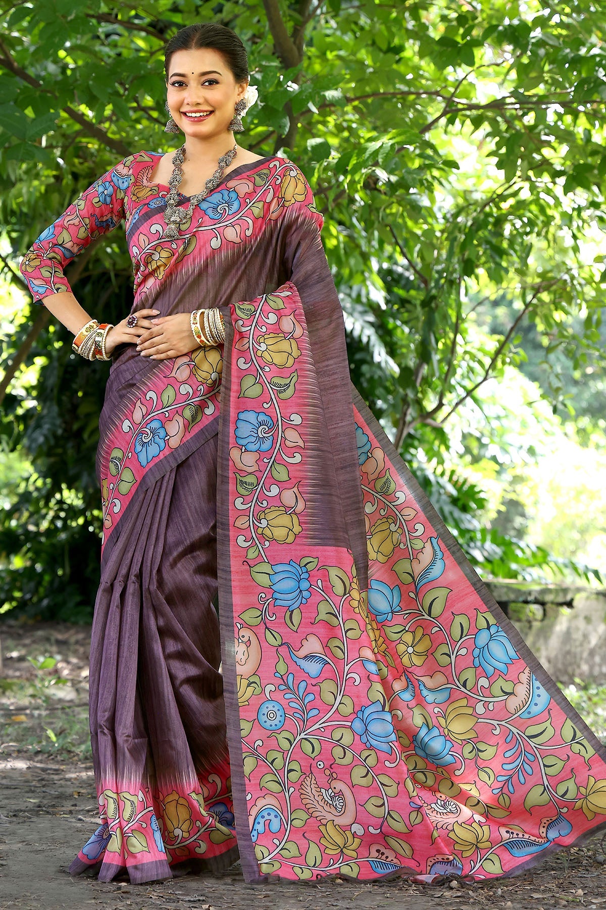 Buy Coffee Cotton Silk Printed Saree by Lili Lala for women online at ScrollnShops